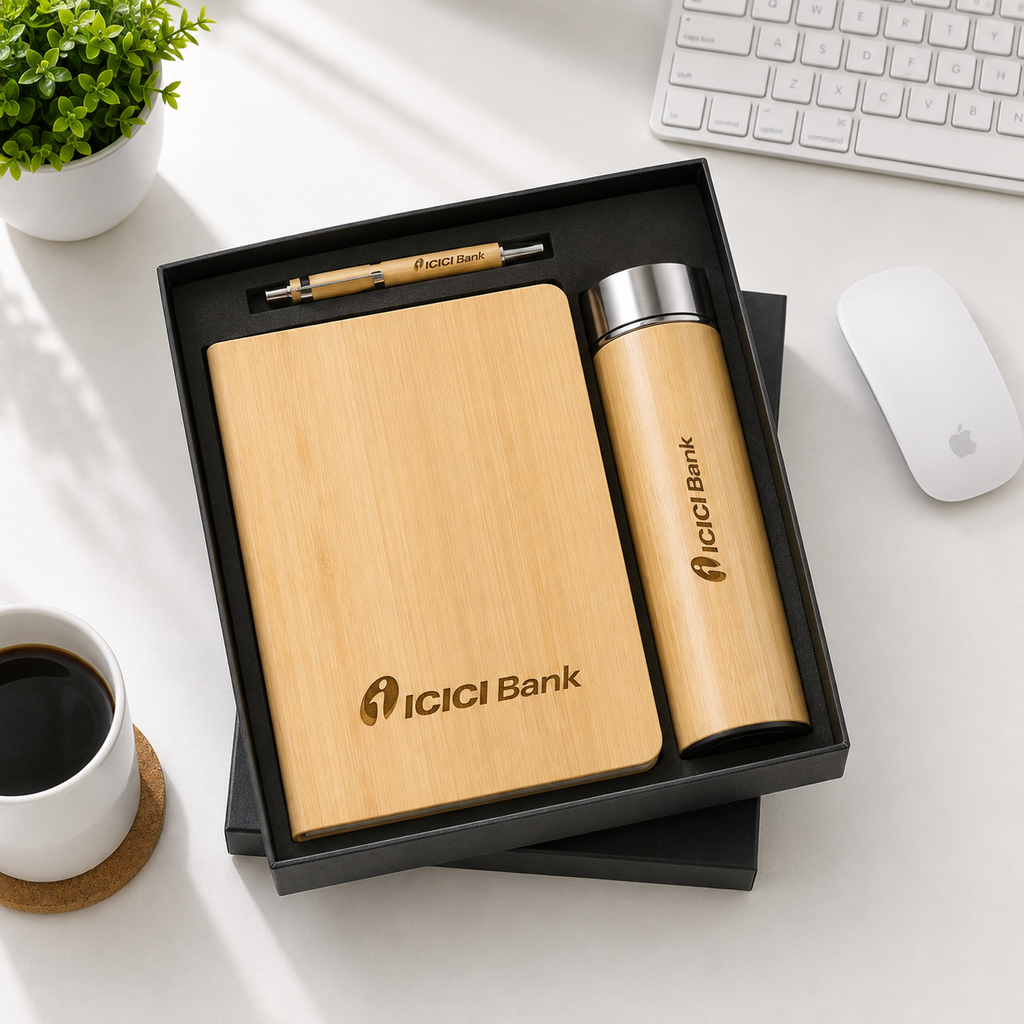 Personalized Wooden Diary, Pen and Bamboo Bottle Combo Gift Set